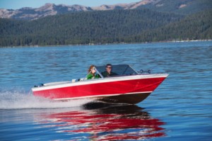 Two people in a boat on a lake
