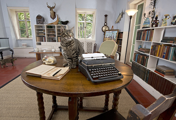 A cat sits on a writing table once used by Ernest Hemingway in the author's studio at the Ernest Hemingway Home & Museum in Key West, Fla. (Rob O'Neal/Florida Keys News Bureau/HO)